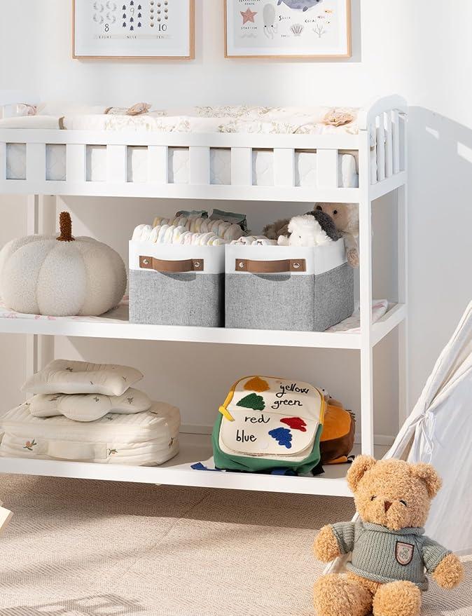 StorageWorks Narrow Storage Bins, Small Basket for Closet and Shelves, Rectangular Fabric Organizer with Handles, Toilet Paper Storage, Gray and White Stripes, 2-Pack