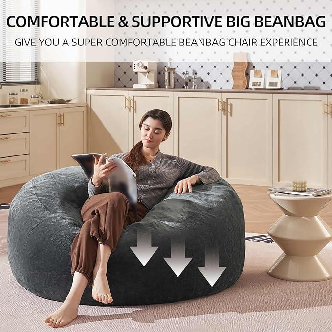 Bean Bag Chair 4Ft, Memory Foam Filled, Large Beanbag Chairs for Adults and Teens, Soft Sofa with Removable Flannel Cover, Round Couch for Living Room Bedroom College Dorm (Dark Gray, 4FT-47×47