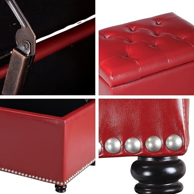 24'' Leather Storage Ottoman Rectangular Foot Rest Stool with Nailhead Trim for Bedroom Living Room(Red)