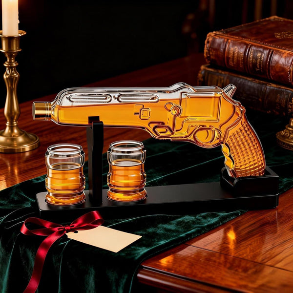 Whiskey Decanter Set 7.7 Oz with Two 1.6 Oz Shot Glasses | Pistol Gun Unique Birthday Gift Ideas For Son, Gifts for Men Dad, Home Bar Gifts, Drinking Accessories Funny Military Present Cool Dispenser