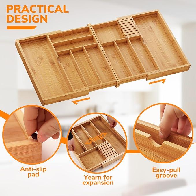 BAMEOS Expandable Silverware Drawer Organizer with Removable Knife Blocks, Bamboo Kitchen Utensil Holder from 21
