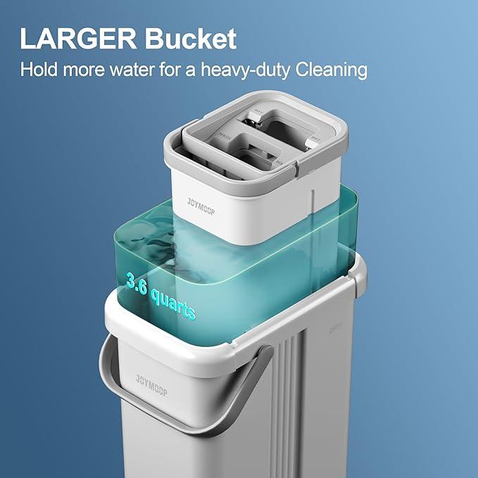 JOYMOOP Mop and Bucket with Wringer Set, Flat Squeeze Mop with Bucket (X-Large), Dust Mop for Wall Cleaner with Long Handle, Microfiber Mop - White Bucket with 3 Reusable 15