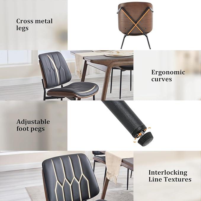 BV Mid Century Modern Dining Chairs Set of 2, Upholstered Pu Leather Accent Chair with Walnut Bentwood Back, Armless Kitchen Chair for Dining Room, Living Room, Kitchen, Black