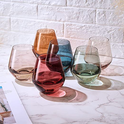 Colored Stemless Crystal Wine Glass Set of 6, Gift For Her, Him, Wife, Friend - Large 16 oz Glasses, Unique Italian Style Tall Drinkware - Red & White, Dinner, Color Beautiful Glassware - (Pastel)