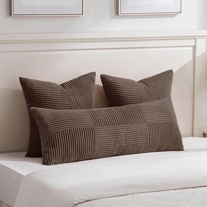 Fancy Homi 2 Packs Dark Brown Euro Decorative Throw Pillow Covers 26x26 Inch for Couch Bed, Rustic Farmhouse Boho Home Decor, Soft Corss Corduroy Patchwork Textured Square Cushion Case 66x66 cm