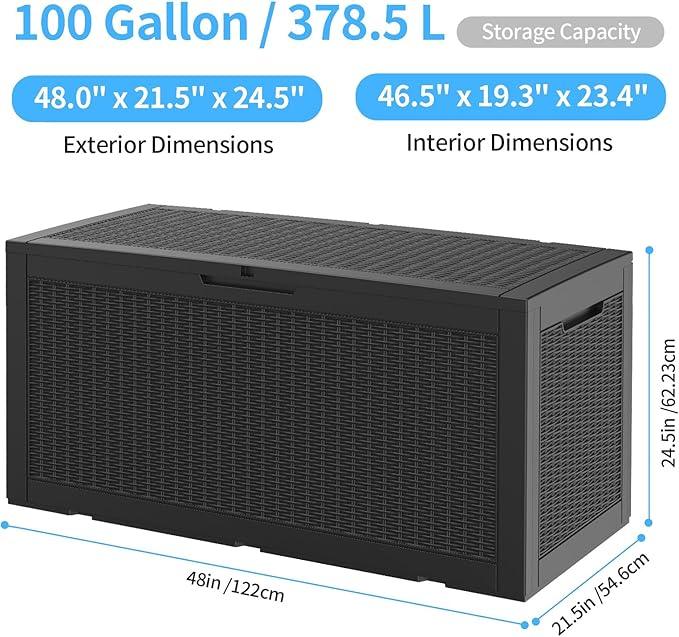 102 Gallon Outdoor Storage Box Waterproof, UV Resistant Resin Deck Box with Hydraulic Rod, Lockable Design and Enhanced Durability for Patio, Garden, and Poolside Use