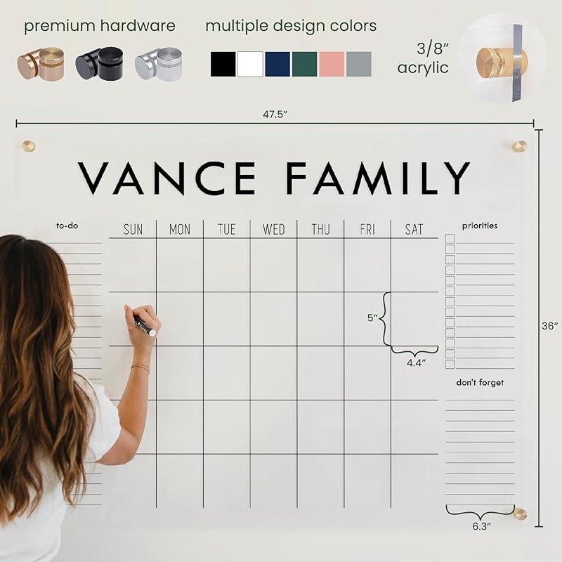 Personalized Clear Acrylic Calendar for Wall, Calendar Whiteboard for Wall, Dry Erase Wall Calendar, Wall Calendar Organizer System for Home (Block, White, 47.5