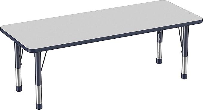 Factory Direct Partners FDP Rectangle Activity School and Classroom Kids Table (24 x 60 inch), Chunky Toddler Legs, Adjustable Height 15-24 inches - Gray Top and Navy Edge
