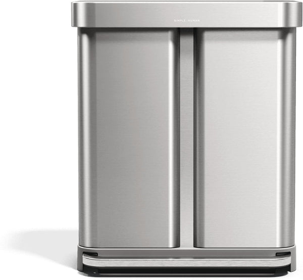 simplehuman 58 Liter / 15.3 Gallon Rectangular Hands-Free Dual Compartment Recycling Kitchen Step Trash Can with Soft-Close Lid, Brushed Stainless Steel