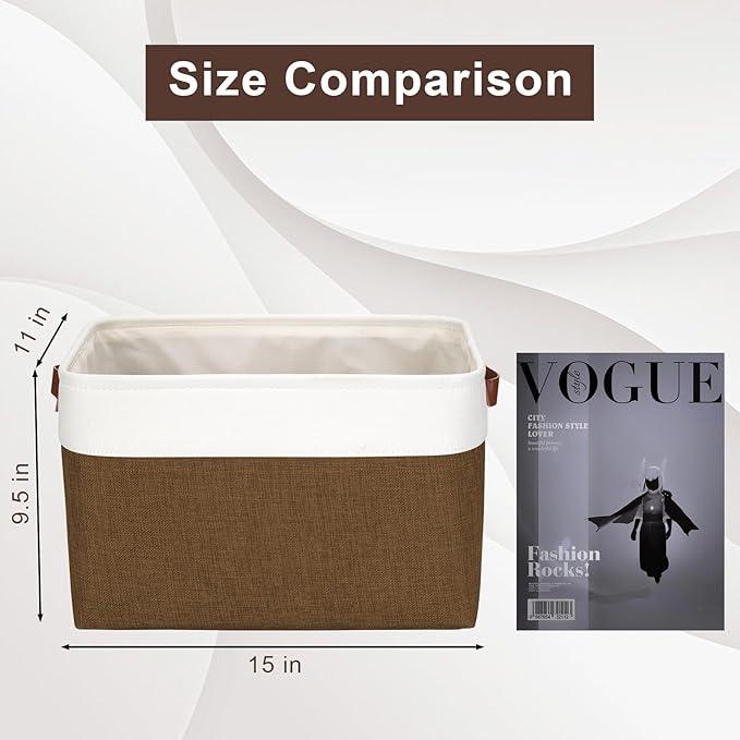 Storage Bins Large Fabric Storage Baskets for Shelves 3 Pack, Decorative Linen Closet Baskets with Handles for Organizing, Shelf, Clothes, Home, Office, 15x11x9.5Inches (Brown&White)