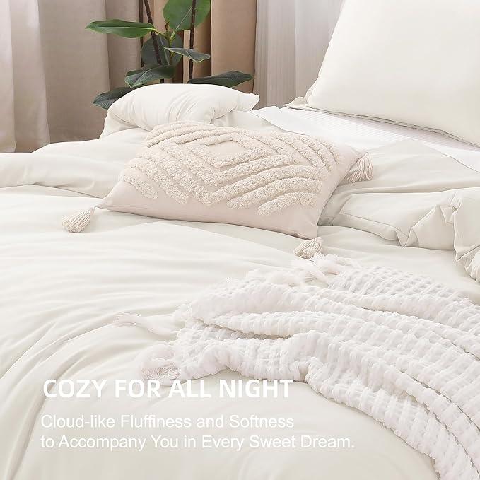 Litanika Ivory Comforter Set Full Size, 3 Pieces Lightweight Solid Bedding Comforter Set, All Season Fluffy Bed Set (79x90In Comforter & 2 Pillowcases)