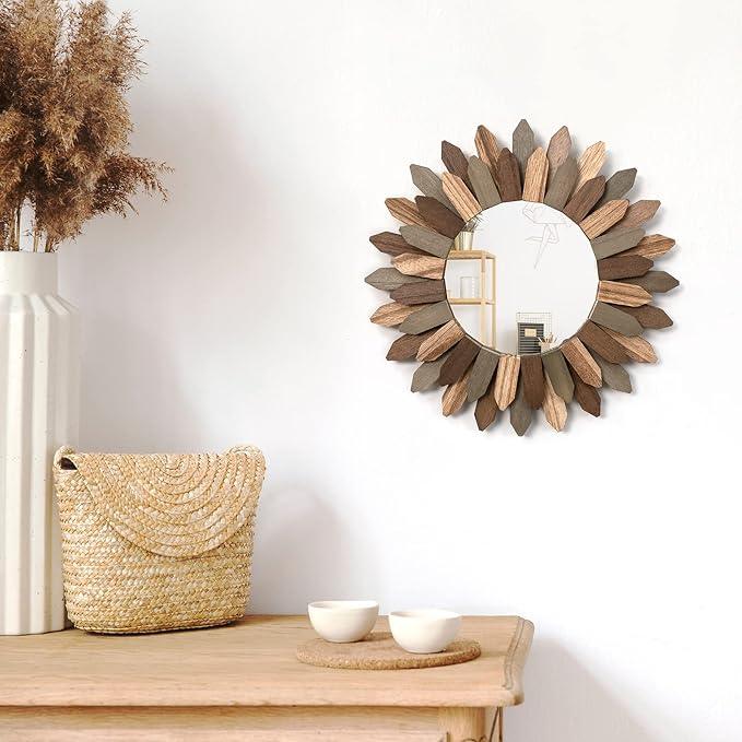 Honiway Boho Wall Decor 12 inch Decorative Mirror with Rustic Wood Sunburst Frame, Perfect for Bedroom, Living Room, Bathroom, Kitchen