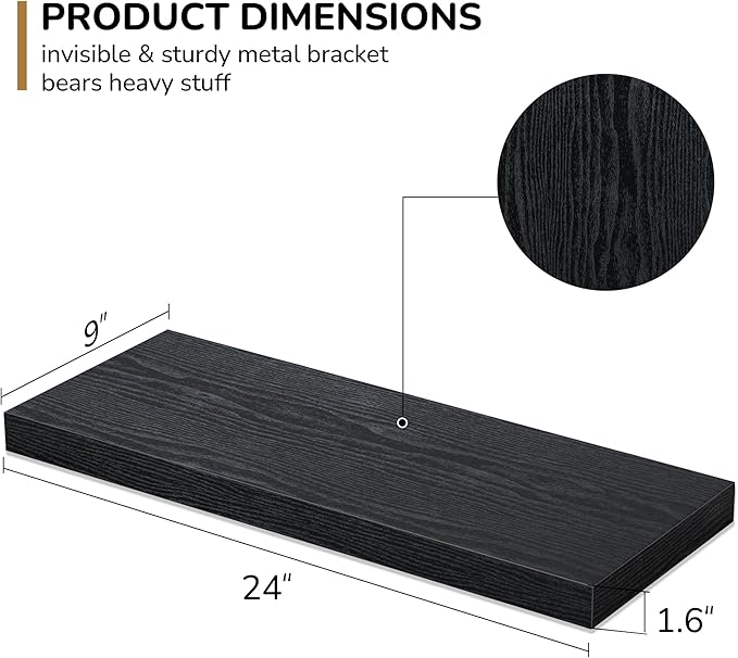 Floating Shelves - 2 Pack 9 Inch Rustic Wooden Wall Shelves - Extra Deeper & Thicker Wall Mounted Storage Shelf for Living Room, Kitchen, Farmhouse - 24