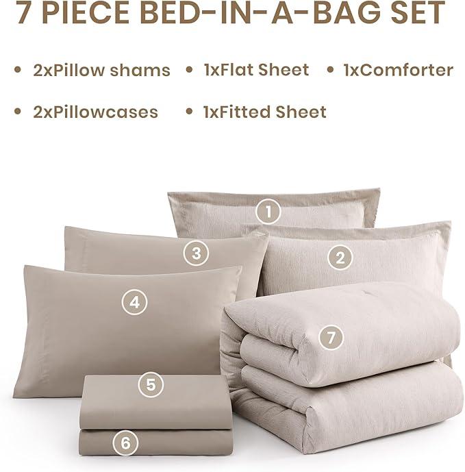 Monbix Queen Comforter Set - 7 Pieces Cationic Dyeing Oatmeal Beige Bed in a Bag Queen Bedding Sets with Comforter, Sheets, Pillowcases & Shams, Reversible Bedding Comforters Sets