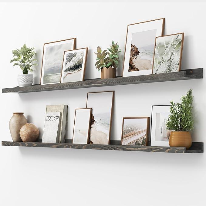 Picture Ledge Shelf, Floating Shelves Set of 2, Solid Pine Wood 72'' Long Large Nursery Book Shelves for Toys Storage, Kids Bookshelf for Living Room Bedroom Decor Books Photo Frames, Grey