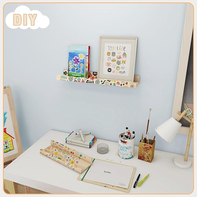 Fun Memories Picture Ledge Shelf for Wall, 36 inch Pine Wood Nursery Book Shelves Set of 2- Wall Book Shelves for Kids Room, Home Decor - Kitchen Spice-Natural