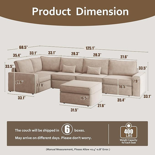 HOOOWOOO Modular Sectional Couch Sofa,125X69 U L Shaped Oversized Couch Sets Free Combination,6 Pieces Extra Deep Sofa with Ottoman for Living Room(Camel Corduroy)