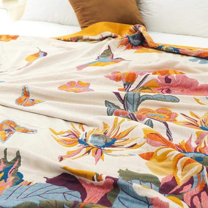 Boho Large Throw Blanket, 100% Organic Cotton Breathable Soft Bed King Throw - Fall Floral Bird Butterfly Farmhouse Decor Blanket for Sofa Couch Chair and Gift. 91