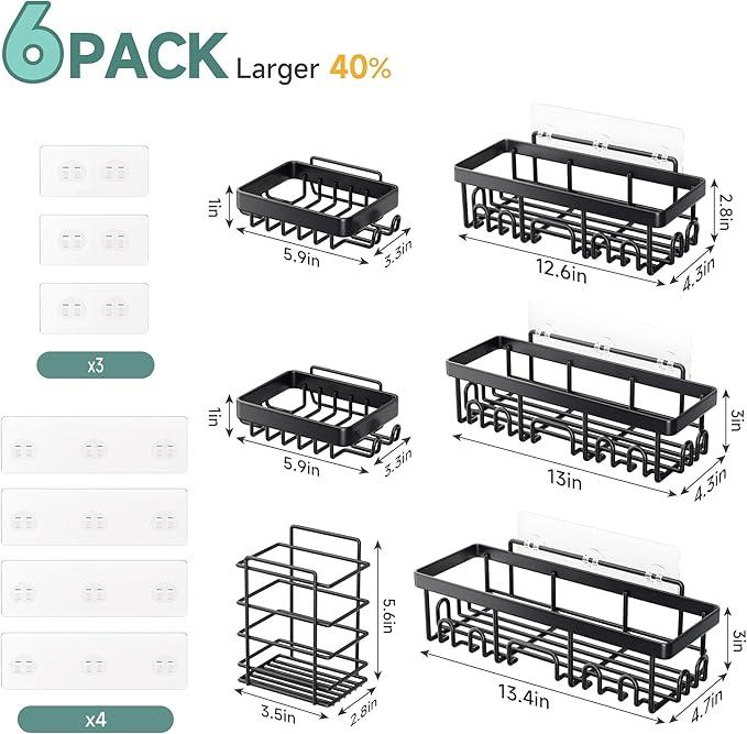 Veken Rustproof & Waterproof Shower Caddy 6-Pack, No Drilling Adhesive Shelves Rack with Soap Holder, Large Capacity Bathroom Organizers and Storage, Wall-Mounted Kitchen & Home Decor