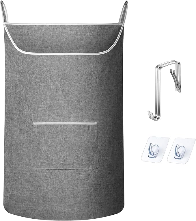 X-Large Hanging Laundry Hamper Bag, Door Hanging Hamper with Front Pocket Dirty Clothes Hanging Laundry Bag Large Size 35X22 inch Door Laundry Basket (Grey)
