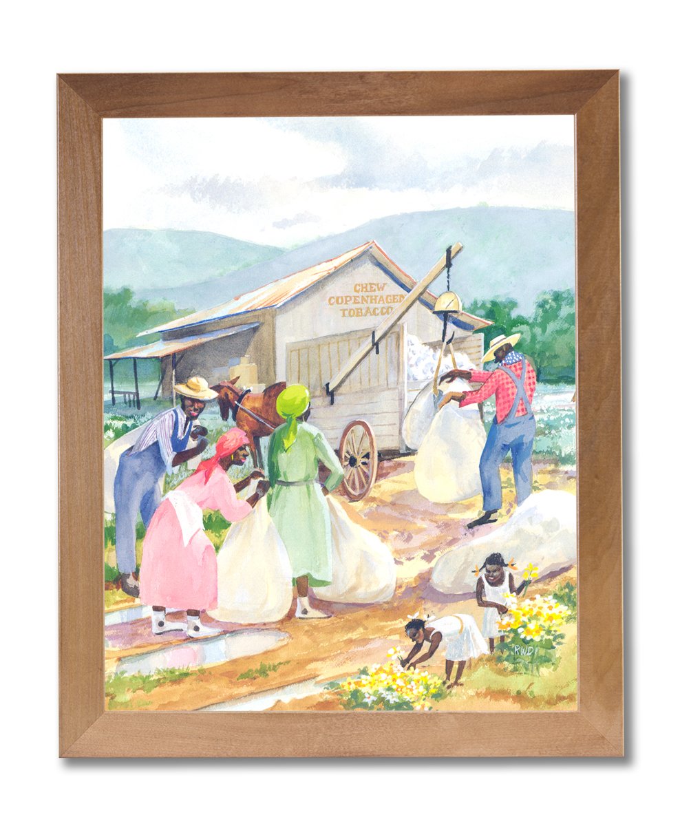 African American Framed Art - Cotton Picking Print in Honey Wood Frame, Ready to Hang