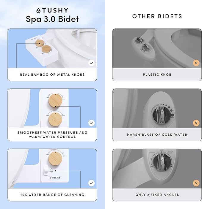 TUSHY Spa Warm Water Bidet Attachment for Toilet. Universal Fit, Easy Install (Requires Sink Access for Optional Temperature Control) Self Cleaning, Adjustable Pressure, Angle Control, Platinum Knob