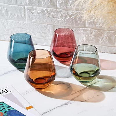 Colored Stemless Crystal Wine Glass Set of 4, Gift For Her, Him, Wife, Friend - Large 16 oz Glasses, Unique Italian Style Tall Drinkware - Red & White, Dinner, Color Beautiful Glassware - (Pastel)