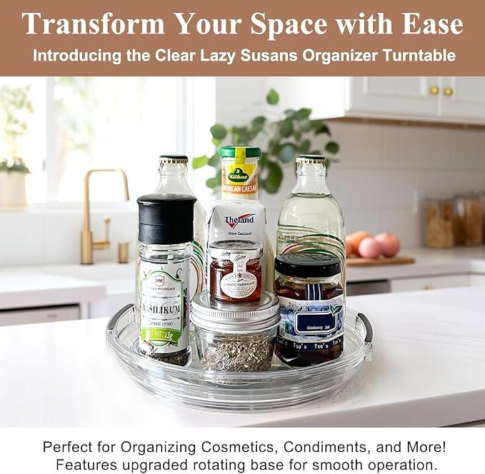 Clear Lazy Susan Organizer Turntable for Cabinet Table Top, 9.25 Inch 2 Pack 360 Rotating Spinning Makeup Organizer for Vanity, Kitchen Storage Rack Heavy-Duty Pantry Spices Tray Countertop Organizer