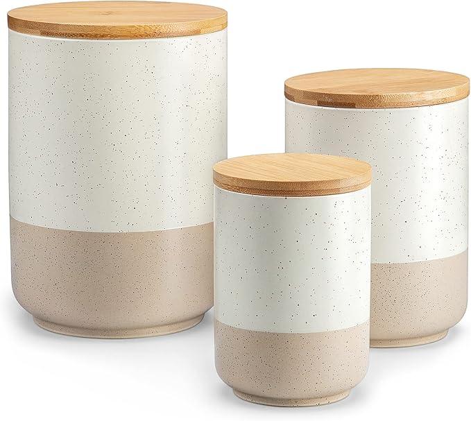 vancasso Sabine Ceramic Canister Set with Airtight Wood Lids - 3-Piece Kitchen Storage for Flour, Sugar, Coffee, Tea & Spices - Modern Countertop Decor