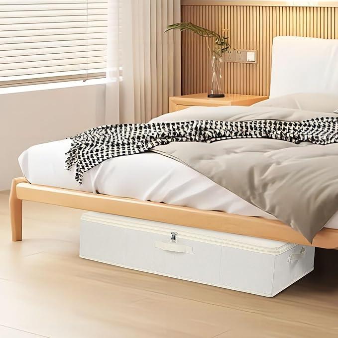 Under the Bed Storage Bins, Closet Organizers with Reinforced Handles for Blanket, Sheets, Pillows, Towels, Shoes, Beige, 2 Pack, 23.6 x 11.8 x 5.9 Inch