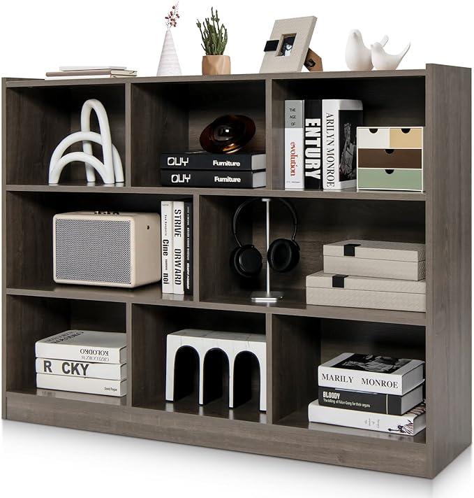 Tangkula 8-Cube Bookcase, Wood 3 Tier Open Storage Bookshelf, Modern Multipurpose Display Cabinet for Living Room, Study, Reading Nook, 48 x 12.5 x 36.5 Inch, Grey