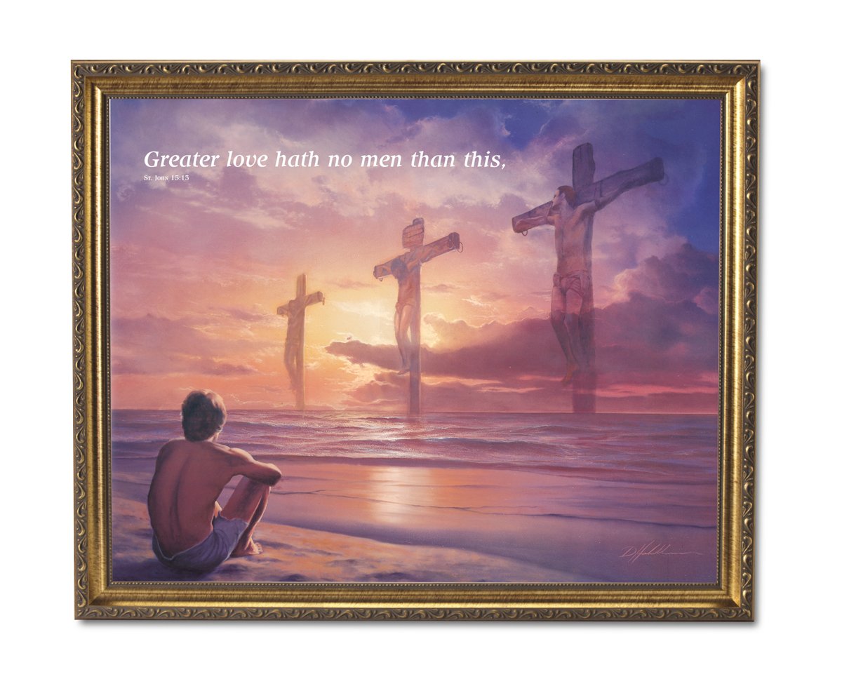 Jesus Cross Art Print – John 15:13 Religious Wall Art | Gold Framed 16x20
