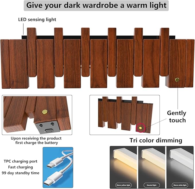 Wall Mounted Piano Key Hanger | Flip Style Hook | Entrance Wall Art Hook, Made of Oak Wood (3 Times Painted, 4 Times Polished) (LED Walnut, 6Hooks)
