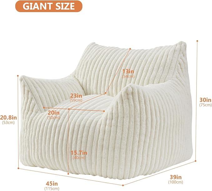 Giant Bean Bag Chairs for Adults with Filling Plush Fluffy Bean Bag Chairs for Teens with Armrests Comfy BeanBag Lazy Couch Sofa Chair for Bedroom Living Room Reading