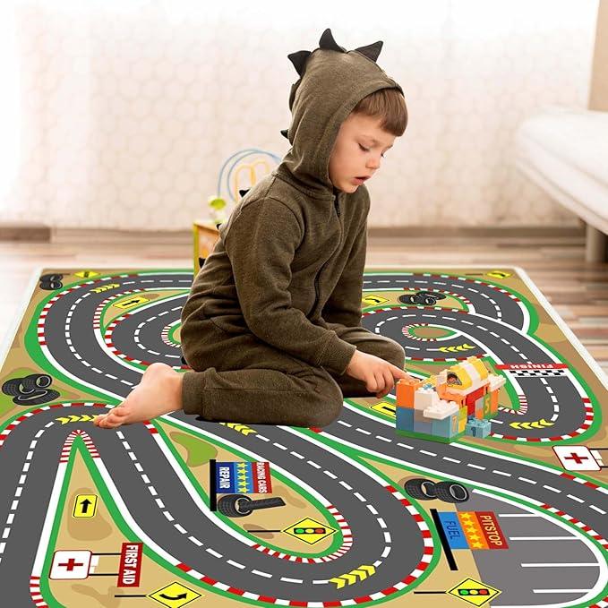 Kids Rug Play mat Playroom Rugs Car Rugs for Kids Toy Cars Race Track for Classroom Rug (Race-Brown, 3.3x4.9ft)