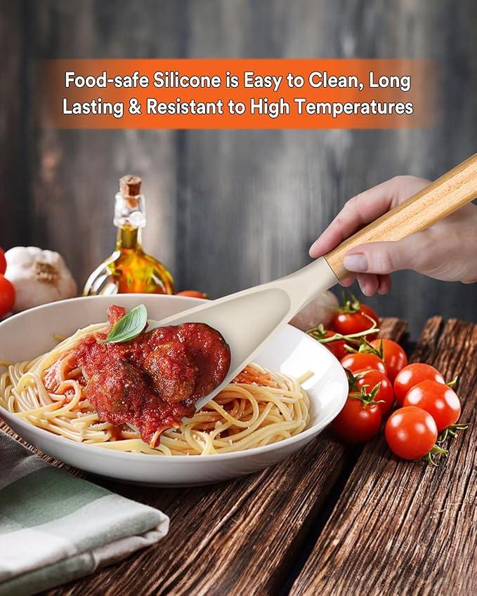 Multifunction Spatula Spoon for Nonstick Cookwares, Great for Cooking and Serving, Sturdy BPA-Free Matte Silicone, Wood Handle Spatula for Mixing, Scoop, and Scrape, Khaki(2 pack,11.4