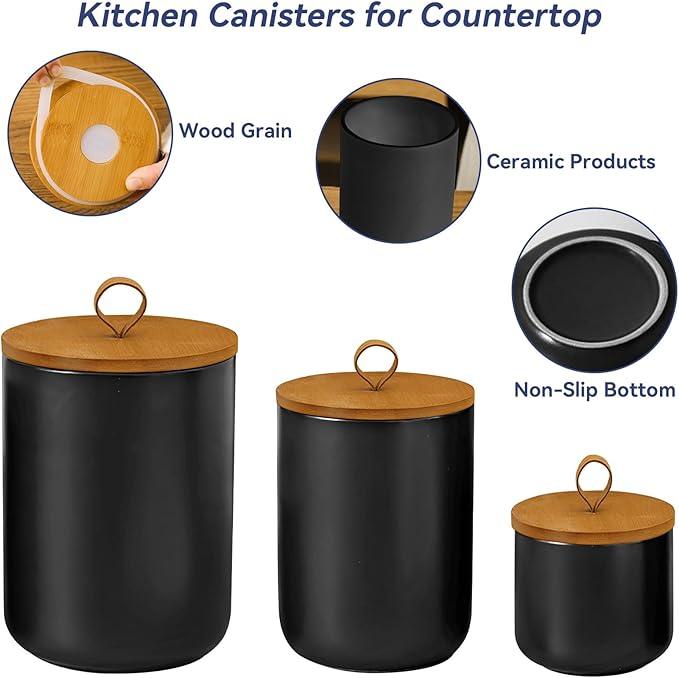 Ceramic Storage Jars, Modern Elegant Highly Polished Airtight Gorgeous Storage Canisters with Wooden Lid Small Food Stroage Jar for Kitchen Spice Tea Vanilla Sugar Coffee Beans (Black medium)
