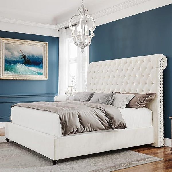 PaPaJet Bed Frame Queen Size Upholstered Platform Bed with 52.8'' Tall Sleigh Headboard, Button Tufted, No Box Spring Needed, Easy Assembly, Cream
