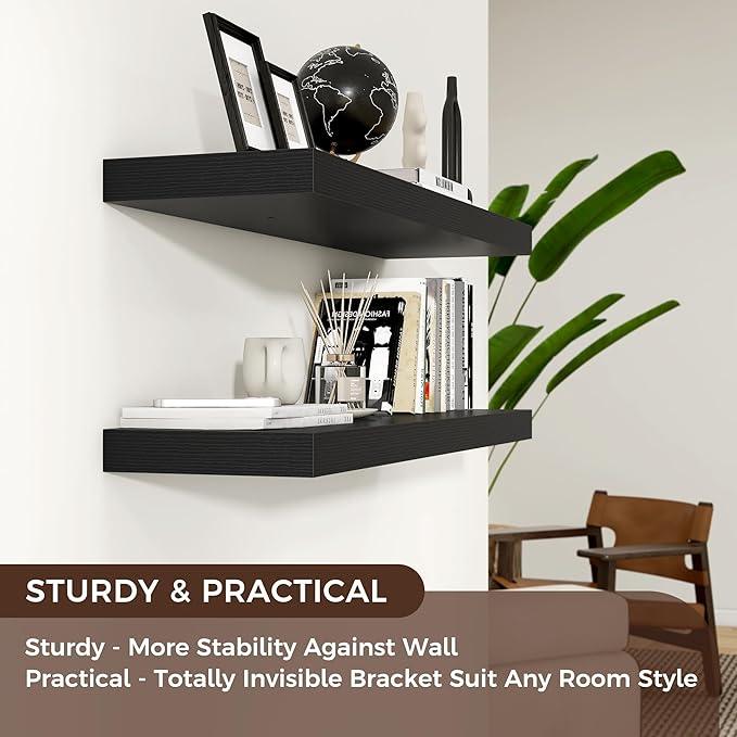 Floating Shelves - 2 Large Wall Mounted Shelves with Invisible Brackets, Long Wood Floating Wall Shelf for Living Room, Bedroom, Kitchen (Black, 36