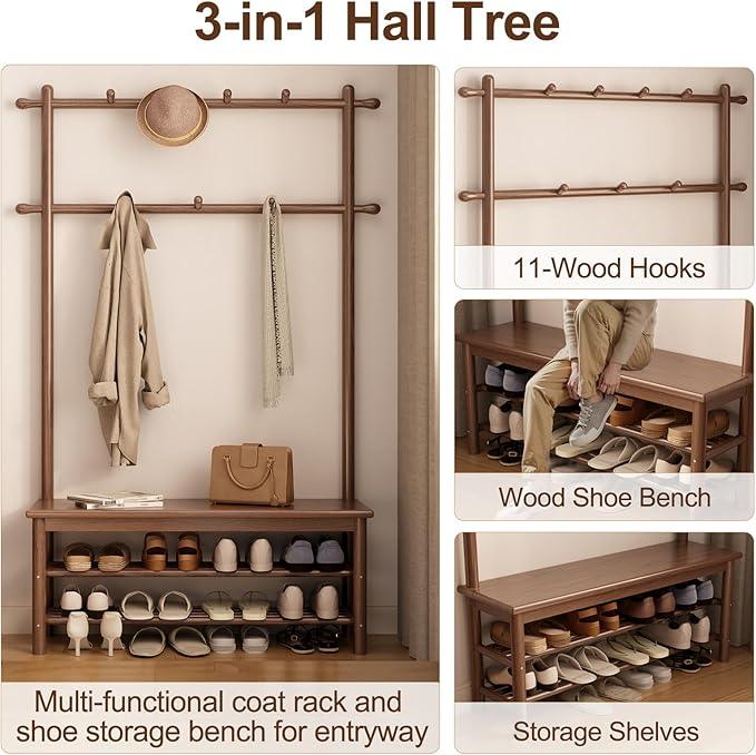 Coat Rack with Shoe Storage, Wooden Hall Tree with Bench, 11 Hooks and 2-Tier Storage Shelves, 3-in-1, Entryway Bench with Coat Rack (39.3