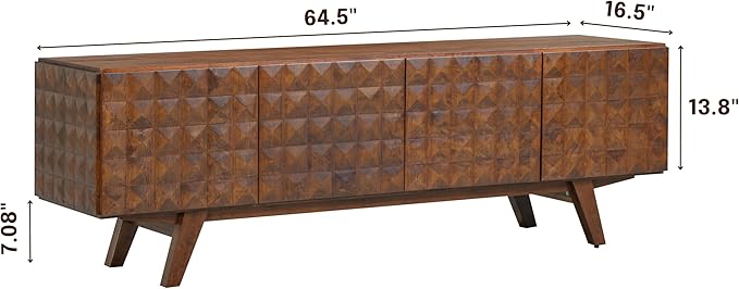 NTC Sapa Mid-Century Modern Solid Wood TV Stand 4-Door Media Console with Carved Geometric Fronts for TVs up to 75