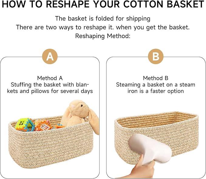 Small Storage Baskets for Organizing | Closet Organizer Bins | Shelf Toy Basket | Woven Rope Baskets | Cube Decorative Box | Shallow Basket | 11.5x7.5x4.7” | 3 Packs Mixed Brown