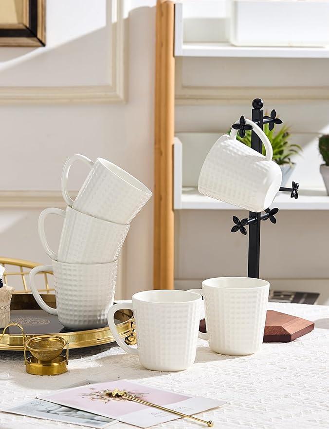 Ceramic Coffee Mugs 15 oz, Large Waffle Embossed Mug Set, Coffee Cups for Latte, Cappuccino, Cocoa, Hot Tea, Mocha, Milk, Housewarming Wedding Present, Microwave & Dishwasher Safe - Set of 6 (White)