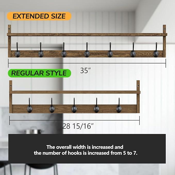 BAMEOS Coat Rack Wall Mount, Large Wooden Coat Hooks with Shelf, 35