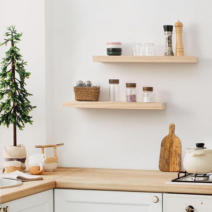 Fun Memories Farmhouse Floating Shelves - 8 Inch Deep Rustic Wood Wall Shelf - Premium Solid Pine Wood Storage Shelf for Kitchen Living Room Bedroom - 24