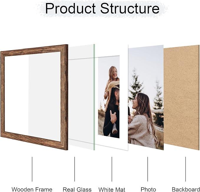 12x12 Picture Frame Set of 4, 12 x 12 Wood Photo Frames with Mat for 10x10 or 30x30cm Diamond Painting Art, Wooden Frame with Real Glass Cover for Wall and Tabletop Display,Rustic Brown