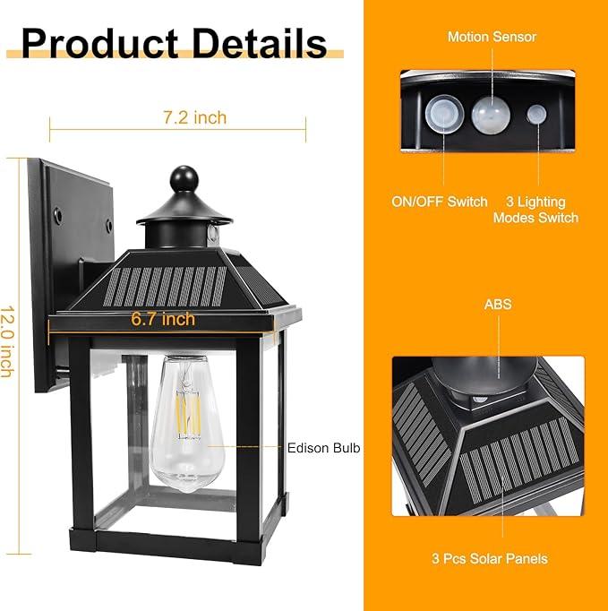 Solar Wall Lights Outdoor, Dusk to Dawn Solar Sconces, Motion Sensor Porch Lights Waterproof with 3 Lighting Modes, Exterior Wall Lantern Outside for Patio Garage Entryway Garden Shed