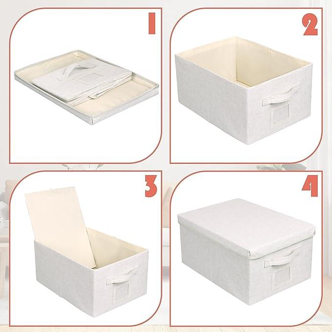 Large 17''x12'' Quart Collapsible Stackable Storage Bins with Lids, 6 Packs Off White Fabric Closet Boxes with Lids, Storage Cube Baskets Container Organizers for Bedroom Office(17''x12.2x''8'')