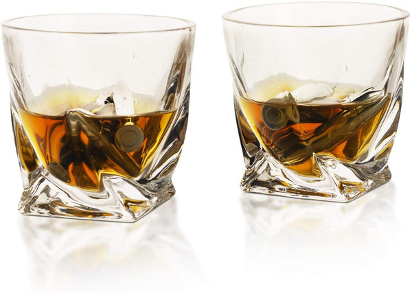 Whiskey Stones Gift Set for Men, by The Wine Savant, 6 Stainless Steel Whiskey Stones, 2 Twisted Glasses, Freezer Pouch & Special Tongs in Pinewood Box