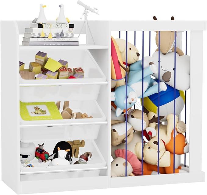 Kids Toy Storage Organizer with 3 Removable Plastic Bins Toddler Montessori Bookshelf with Stuffed Animal Net Holder Baby Bookcase Plush Organizer for Playroom,Bedroom,Kids Room,Classroom,Nursery